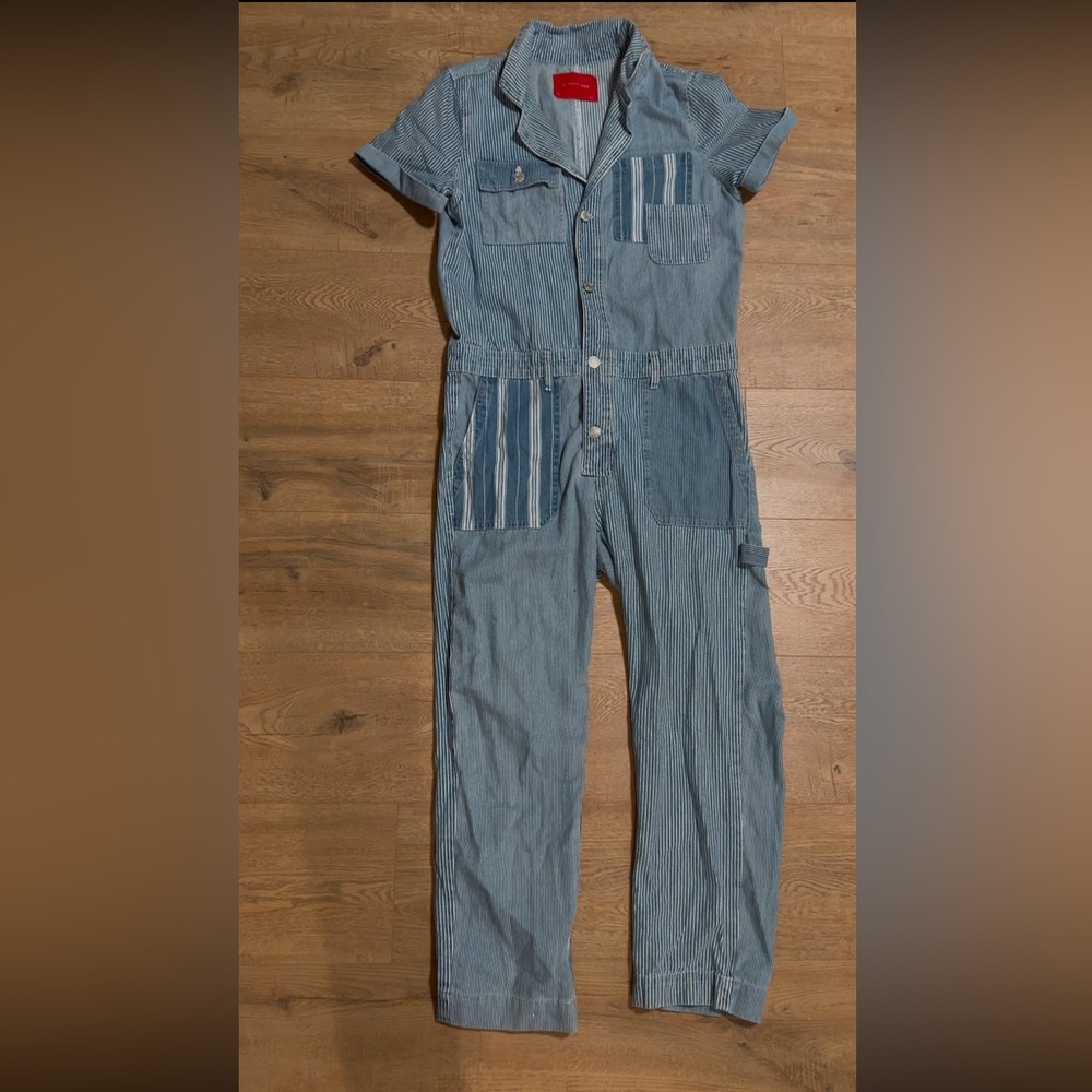 Denim striped denim jumpsuit with pockets size small